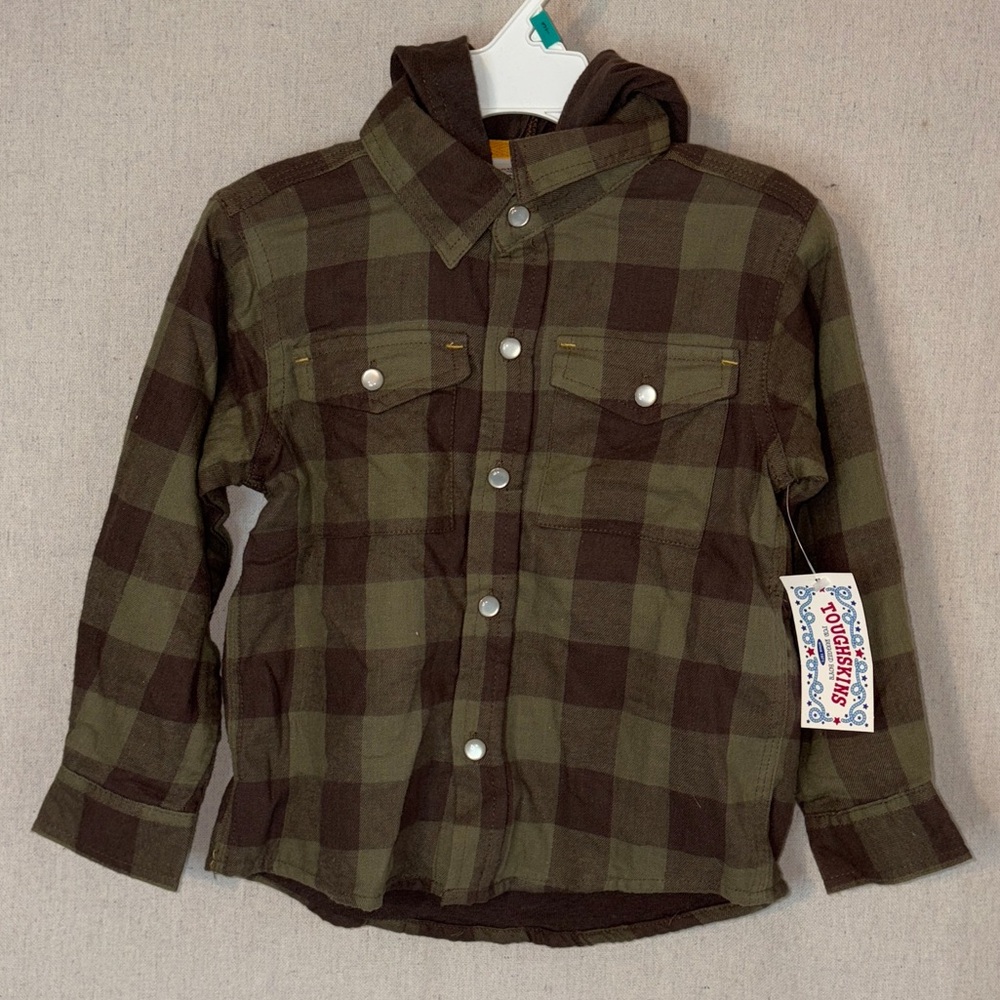 Toughskins Hooded Flannel Size 3T Toddler Regular Long Sleeve Green Plaid NWT!